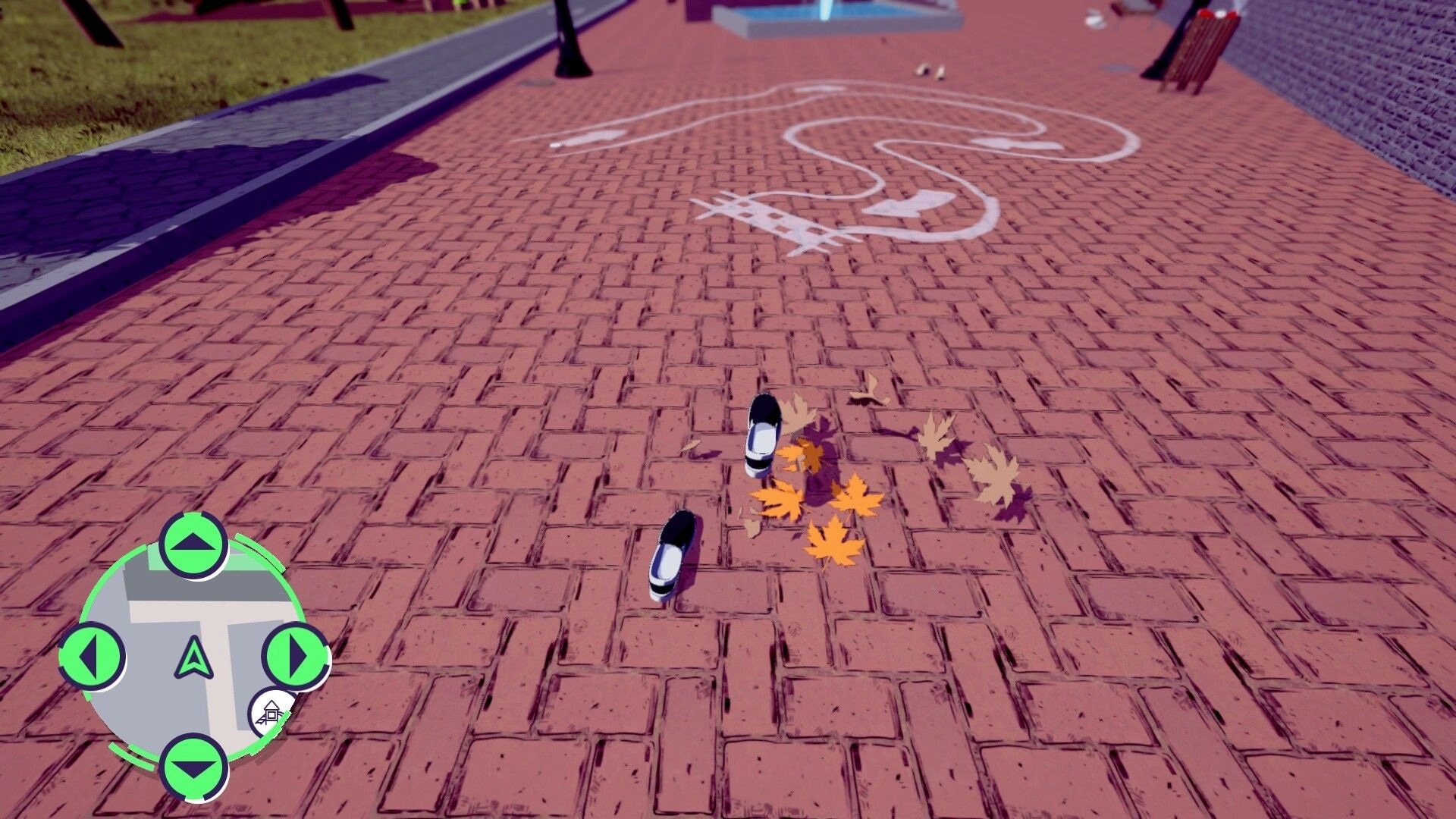 Bambas!: Walking shoes navigate a brick path with scattered leaves, mini-map displayed in corner