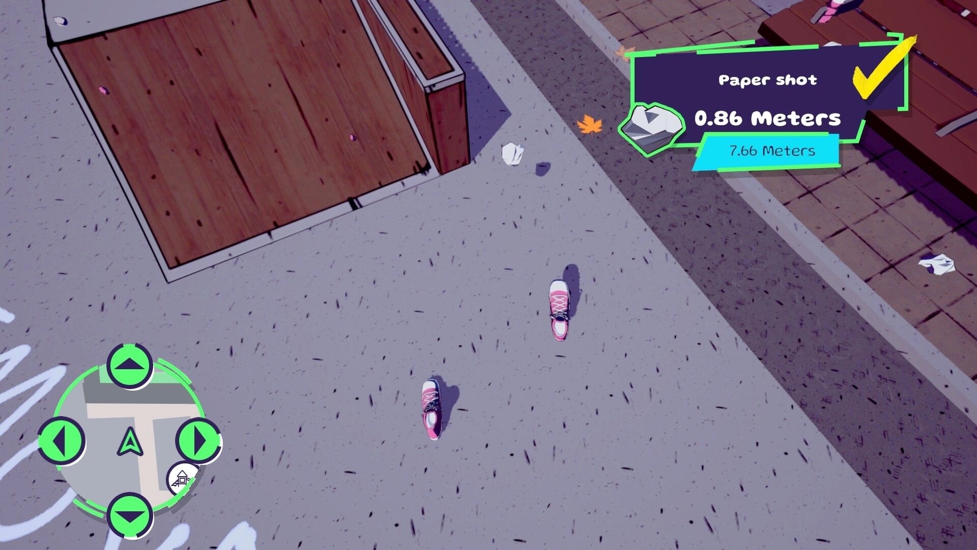 Bambas!: Overhead view of character's shoes on urban sidewalk with paper shot scoring UI displayed