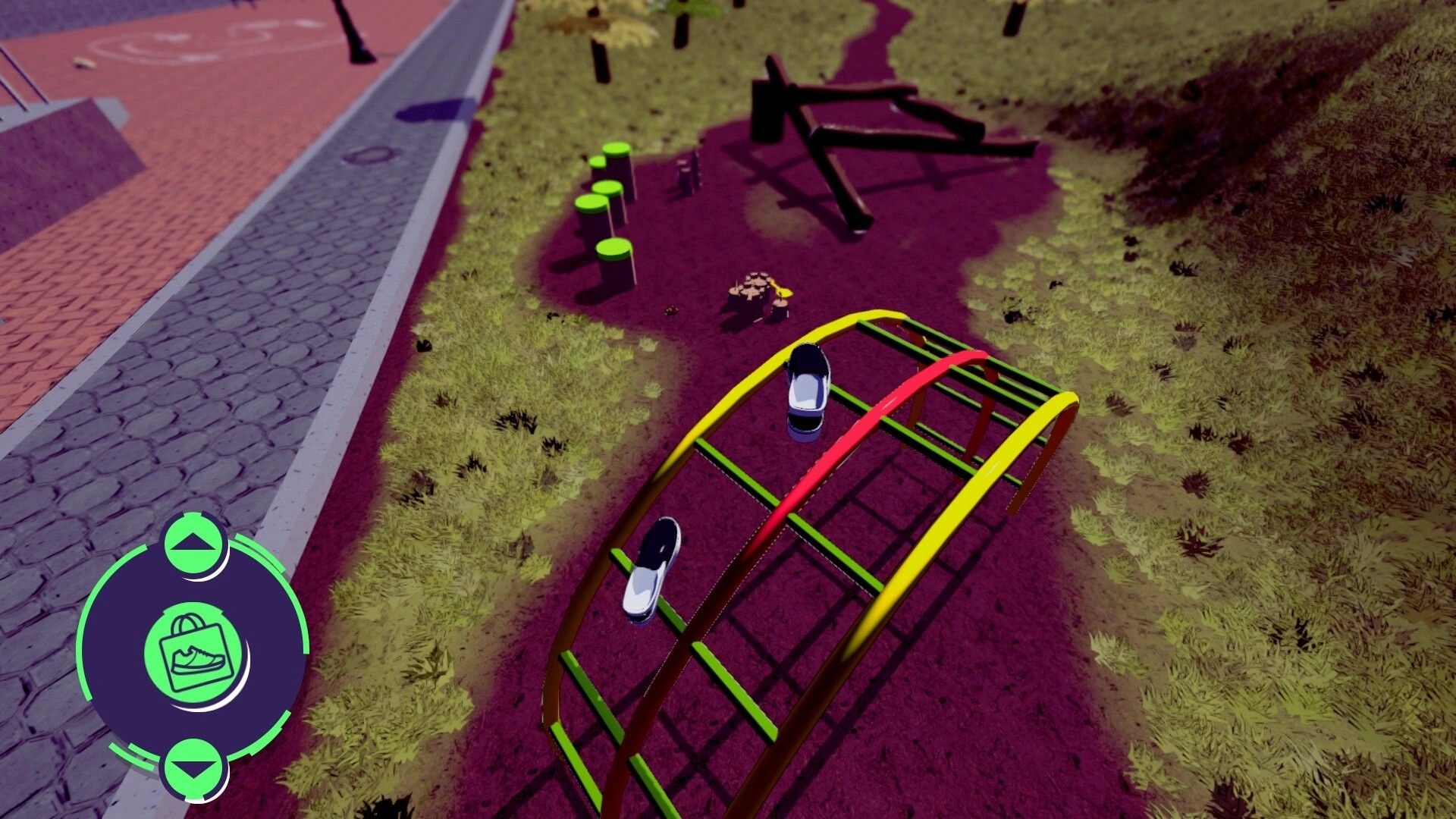 Bambas!: Shoes balancing on a colorful jungle gym in a grassy park with UI menu showing shoe icon