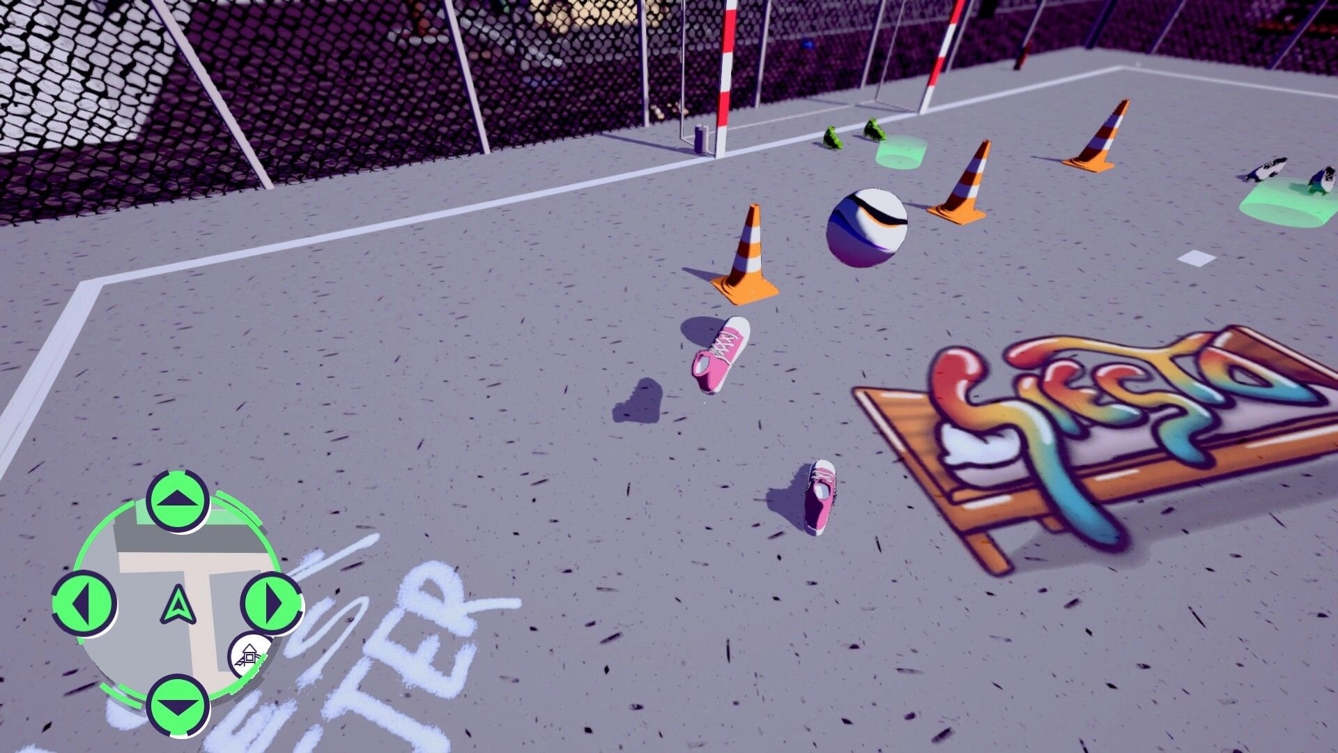 Bambas!: Pink shoes jump over cones and a ball on graffiti-covered pavement with a map HUD visible