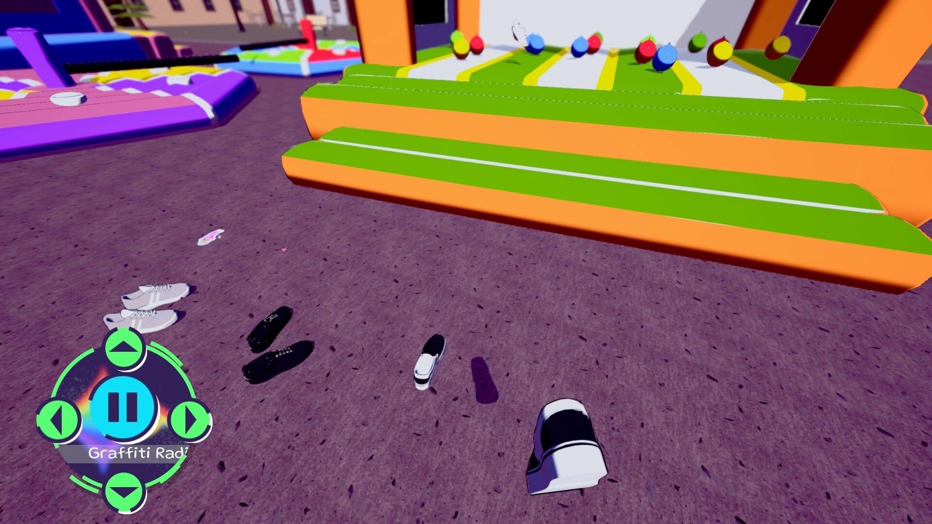 Bambas!: Shoes scattered near a colorful inflatable obstacle with a pause menu on the urban pavement.