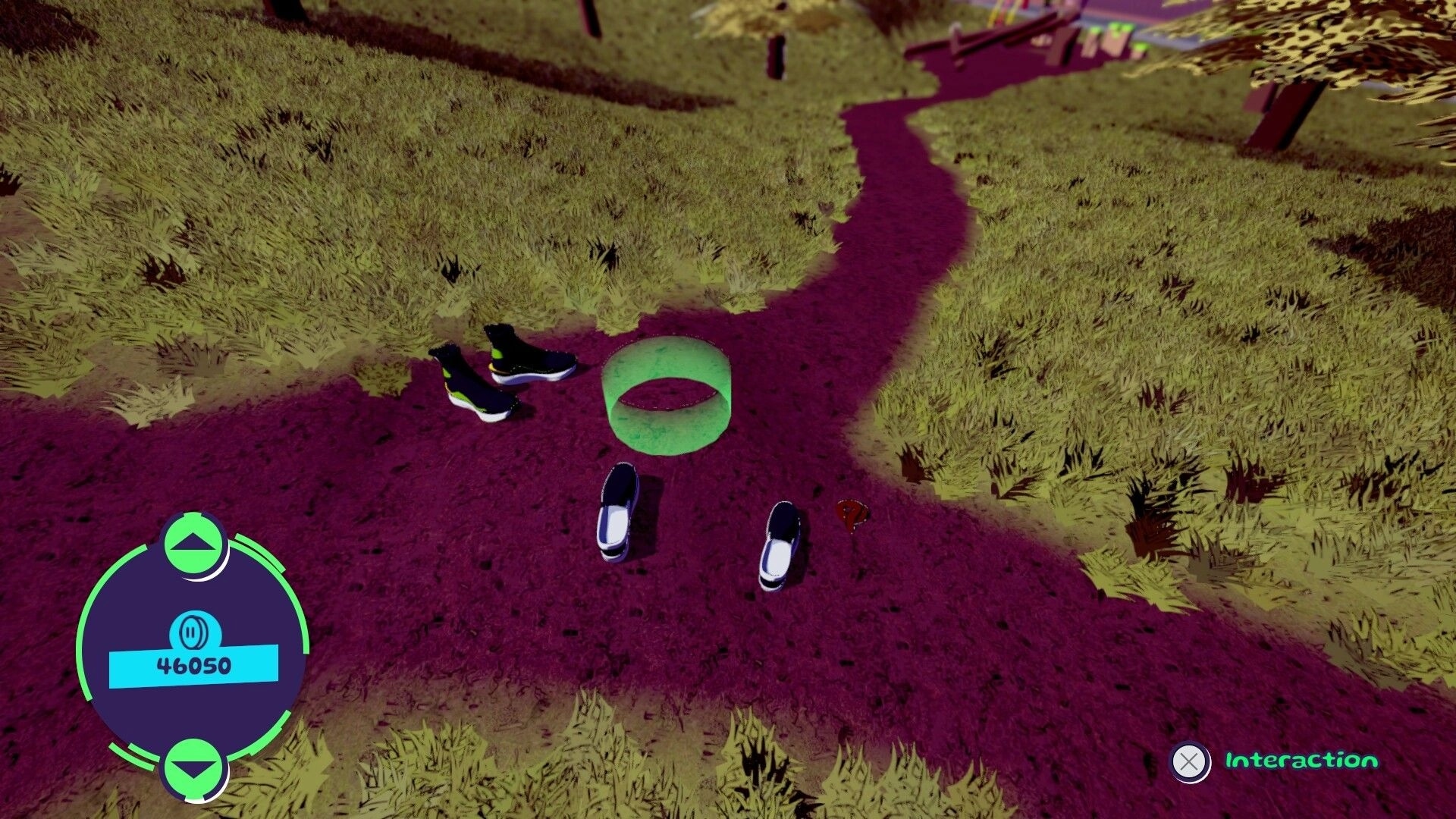 Bambas!: Path selection screen with shoes and green ring on a purple trail in grassy environment