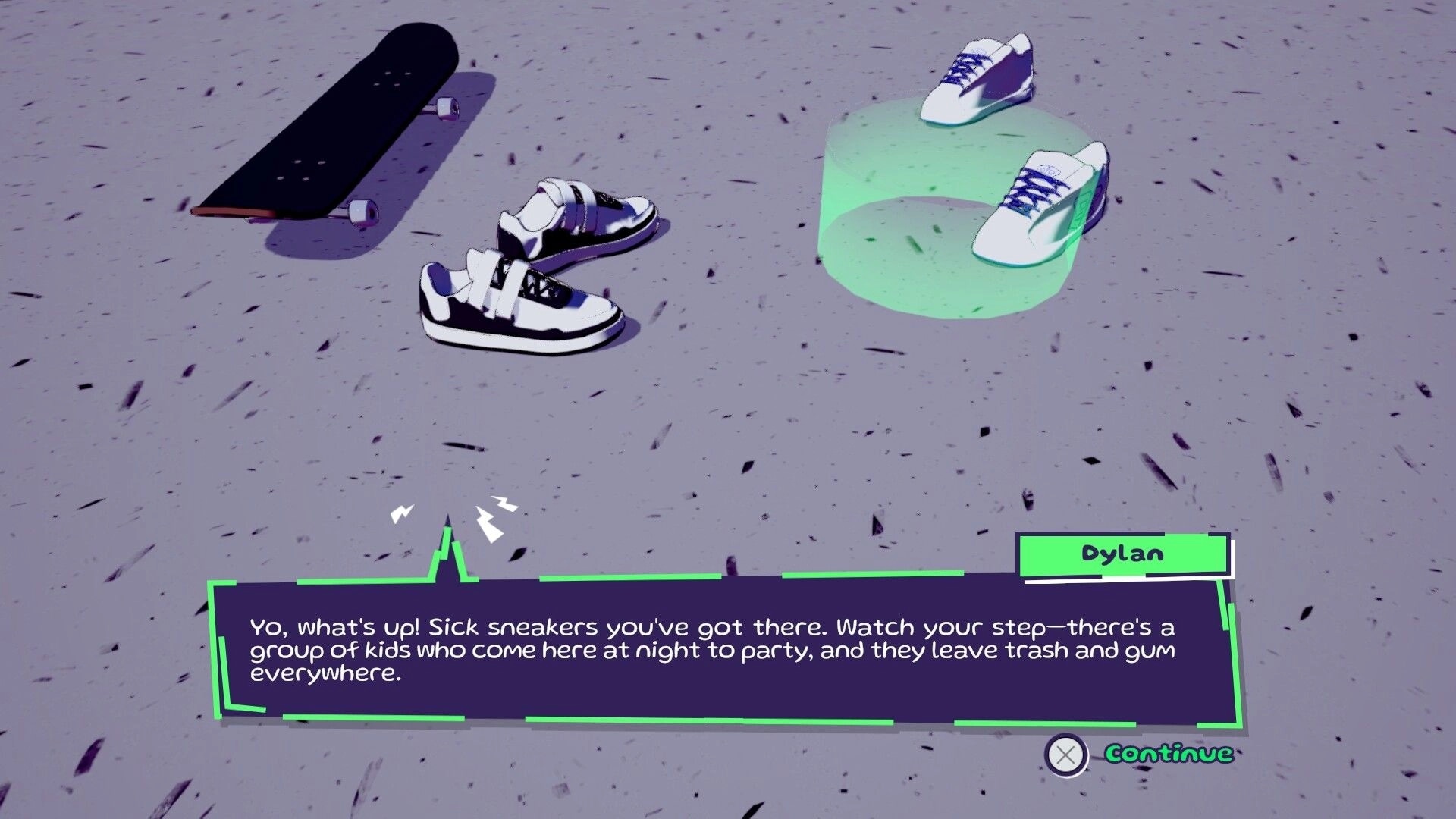 Bambas!: Dylan's dialogue overlay with sneakers and skateboard on urban pavement background.