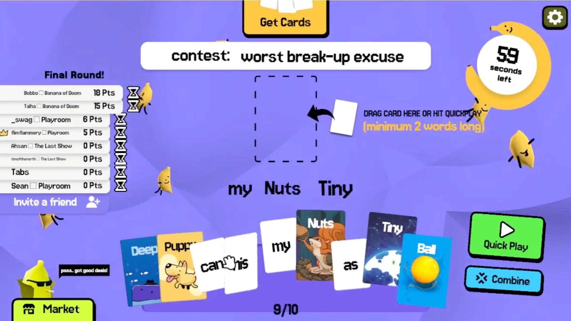 Banana of Doom: Final round word-combine screen with timer, leaderboard, and hand of cards on purple UI.