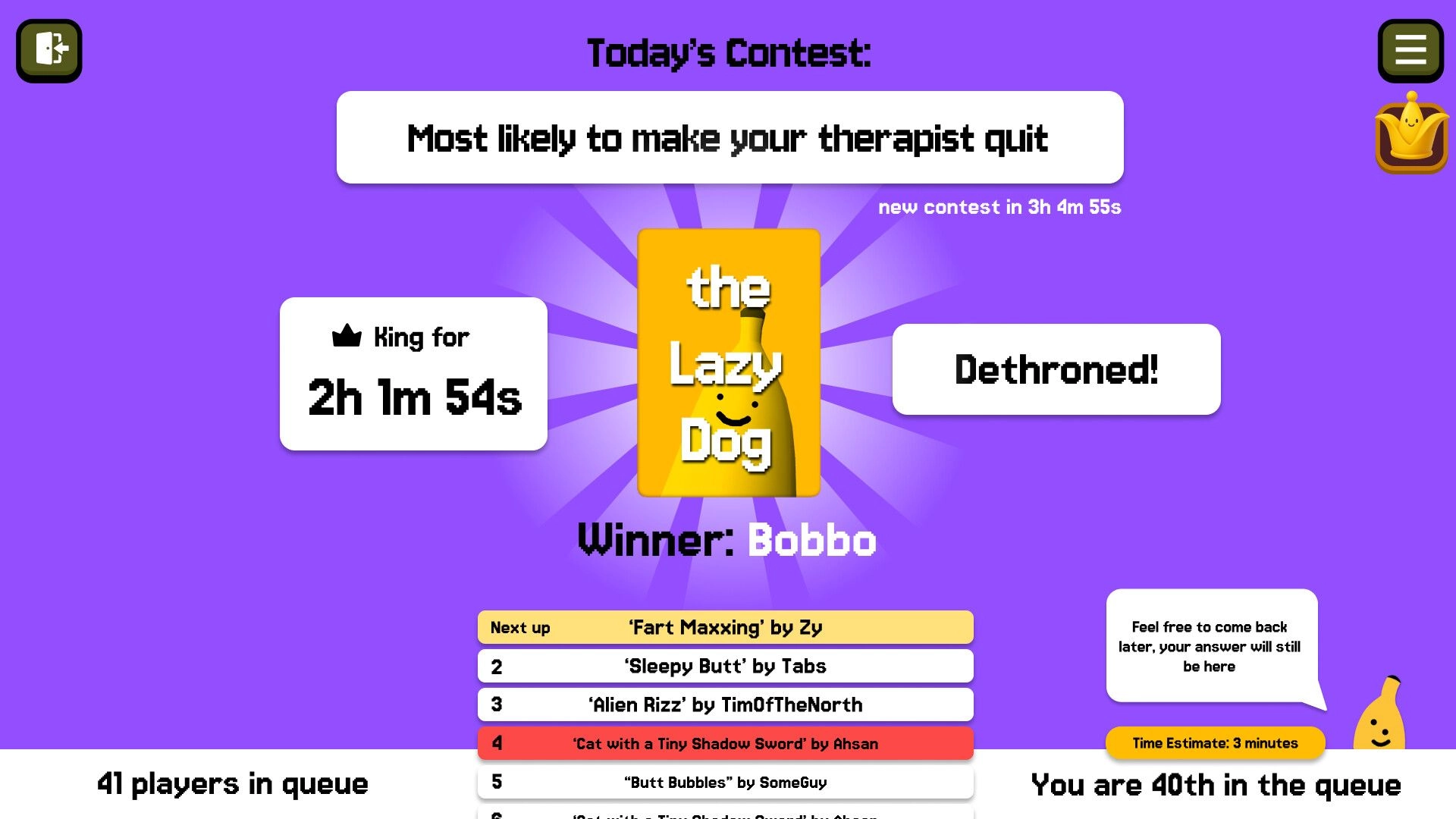Banana of Doom: Contest results screen with “the Lazy Dog” card winner on a purple UI backdrop.