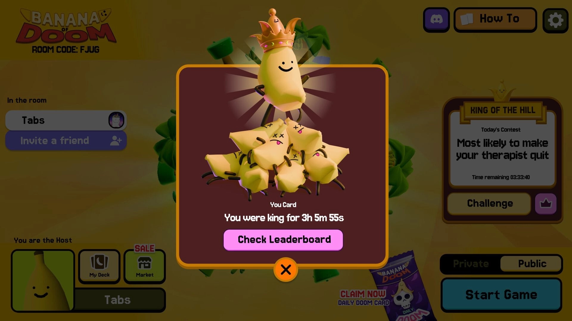 Banana of Doom: King popup with crowned banana and Check Leaderboard button in lobby UI screen.