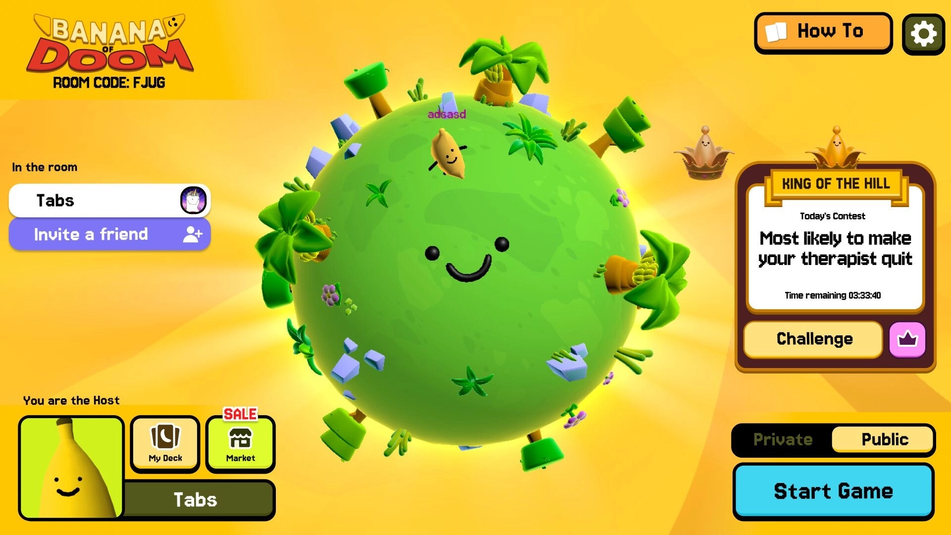 Banana of Doom: Lobby hub with smiling planet and King of the Hill contest card on bright yellow UI.