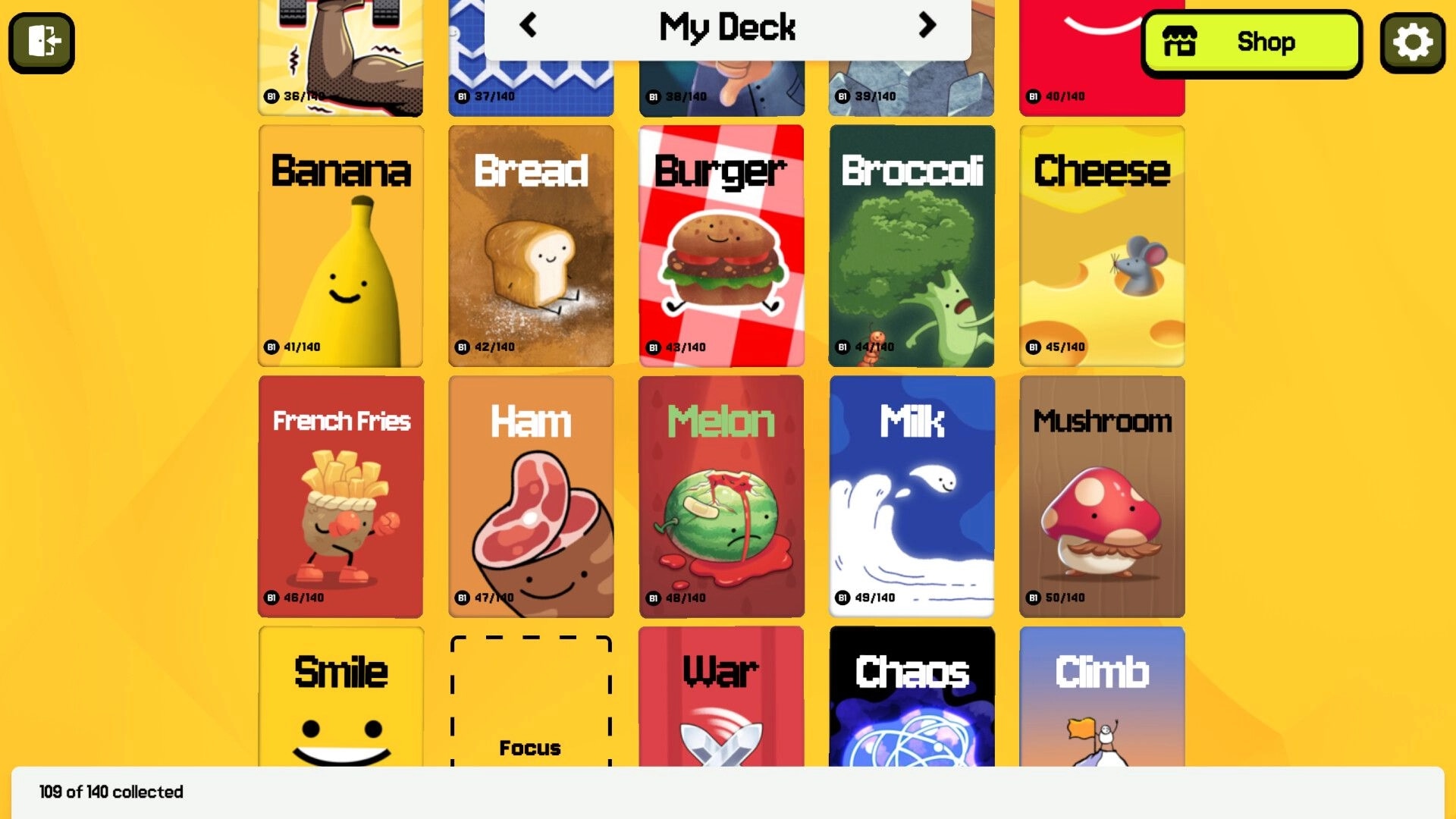 Banana of Doom: My Deck card grid with food cards and Shop button on bright yellow menu screen.