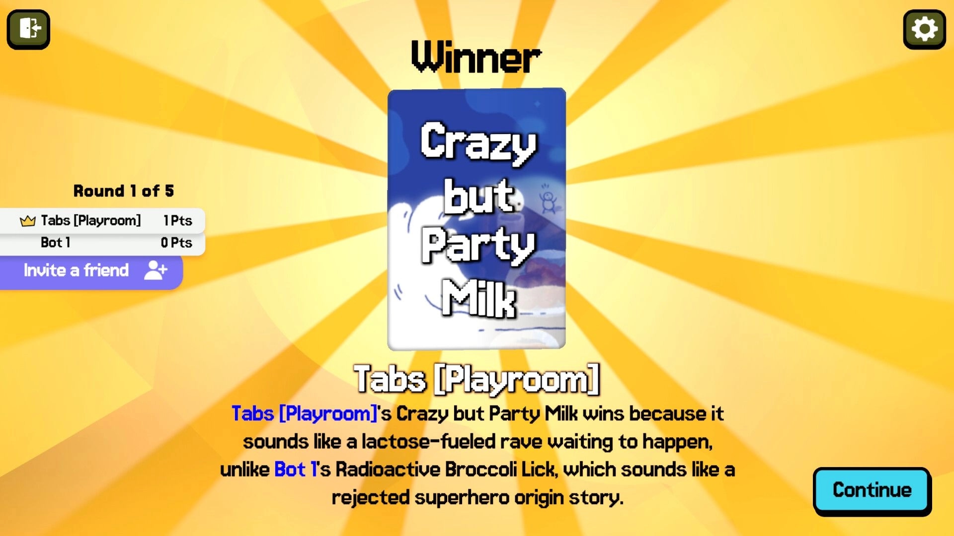 Banana of Doom: Winner screen with Crazy but Party Milk card and Continue button on burst backdrop.