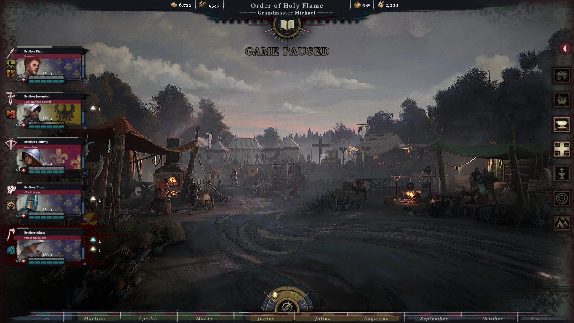 Band of Crusaders: Character roster with camp scene featuring tents and campfires at dawn