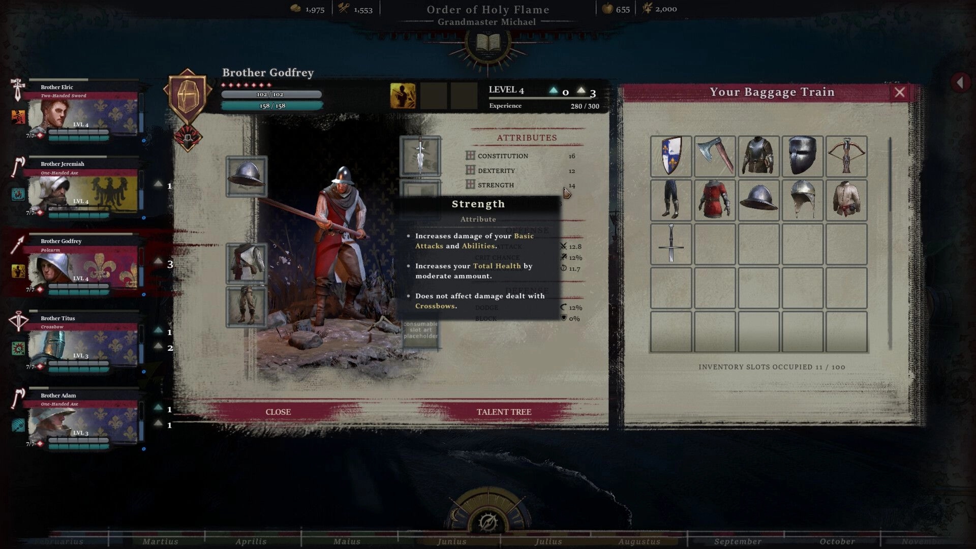 Band of Crusaders: Character stats and inventory screen with Brother Godfrey and equipment details