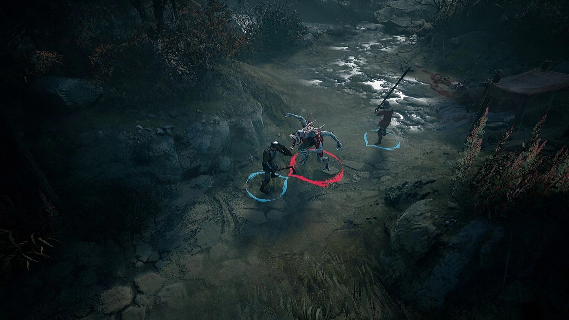 Band of Crusaders: Two knights engage a demon in a dark, rocky forest path with combat indicators.