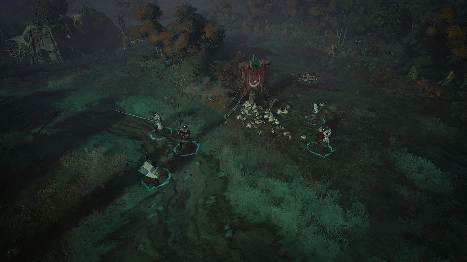 Band of Crusaders: Knights exploring dark forest clearing with ominous banner and scattered skulls