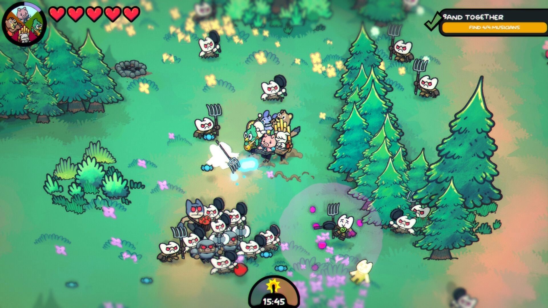 Band Together: Animal band fights pitchfork mobs in forest clearing, hearts UI and Find 4/4 quest badge.