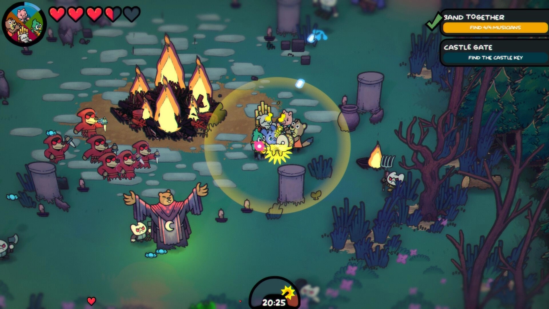 Band Together: Animal band huddles in glowing aura near bonfire as red-hood foes advance in swampy ruins.