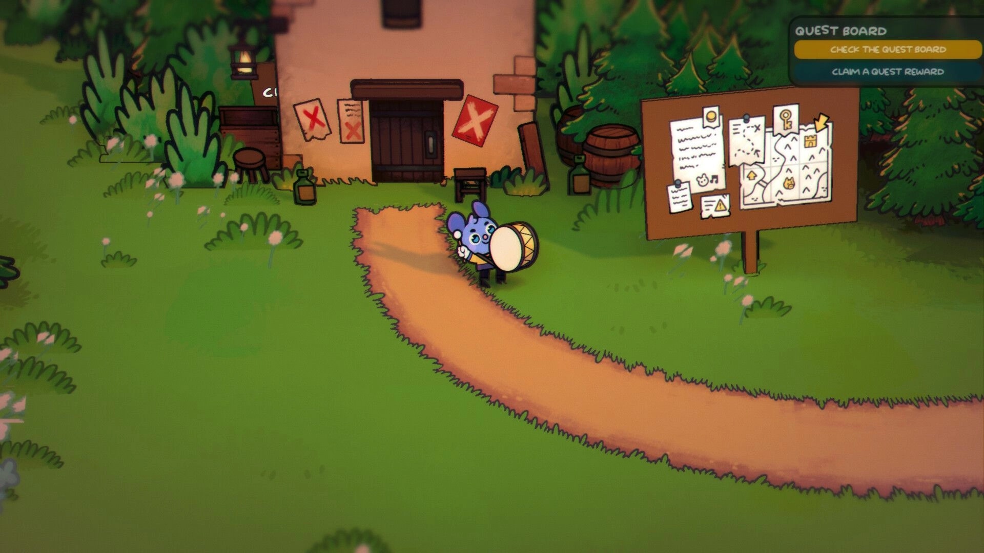 Band Together: Blue mouse drummer by a quest board UI outside a cottage on a forest path.