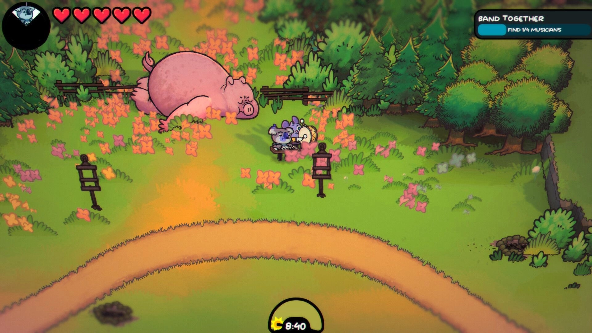 Band Together: Two animal musicians play by a sleeping pig in a flowered forest clearing with hearts UI.