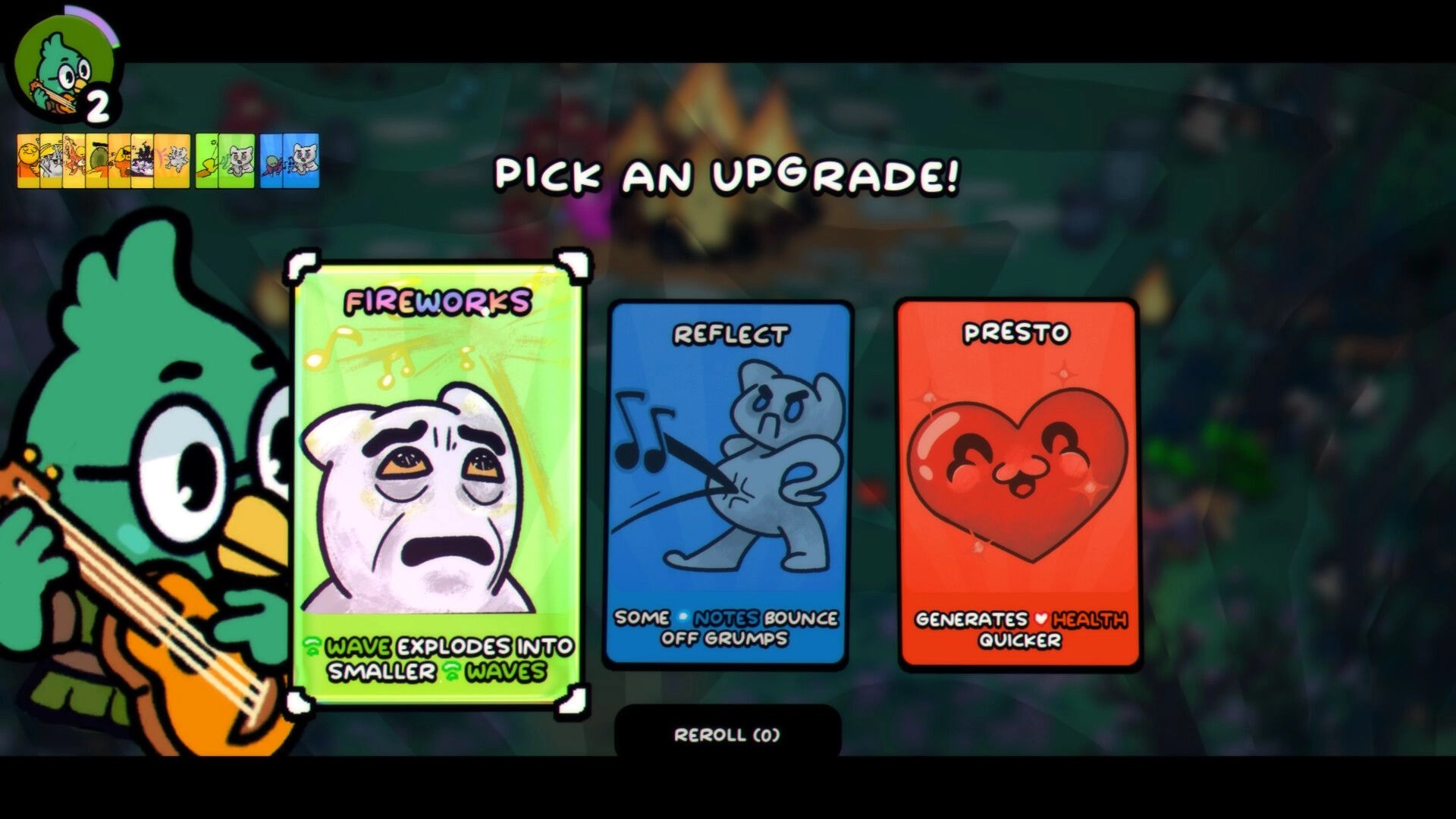 Band Together: Pick an upgrade menu with Fireworks, Reflect, and Presto cards over blurred map backdrop.