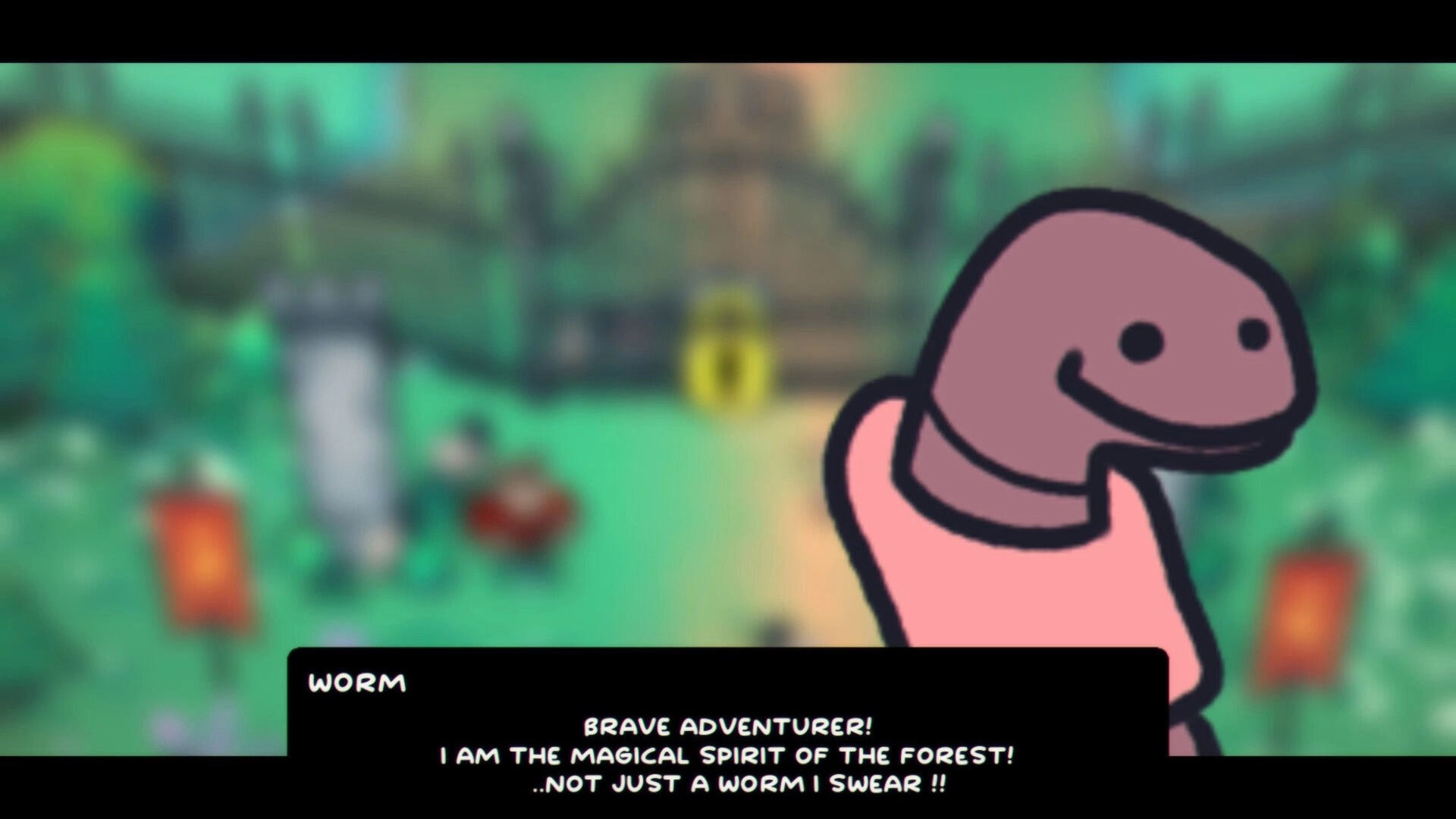 Band Together: Dialogue with Worm spirit character in forest village scene, text box at bottom UI.
