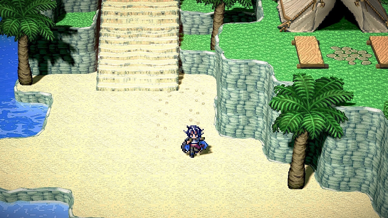 BANDIT KNIGHT: Character exploring a sandy beach with palm trees and a tent on a cliff above.