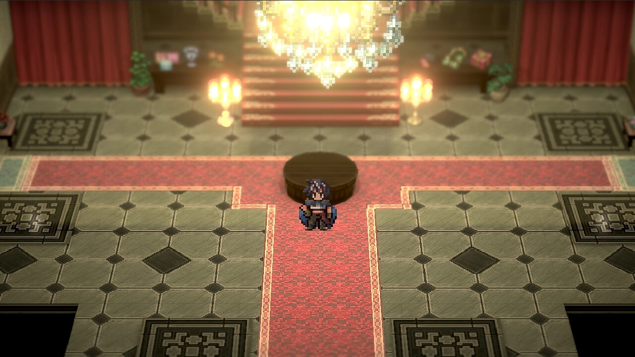 BANDIT KNIGHT: Character stands in opulent hall with chandelier, red carpet, and grand staircase.