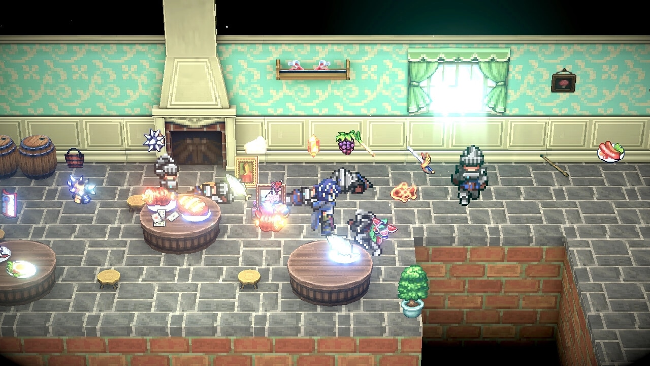 BANDIT KNIGHT: Thief looting treasures in a vibrant pixel art dining room with tables and barrels.