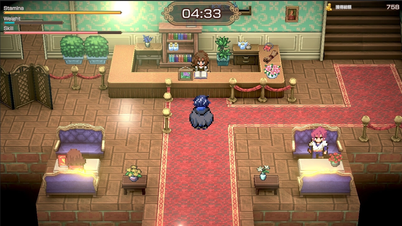 BANDIT KNIGHT: Player character approaches reception desk in a cozy, well-furnished hotel lobby.