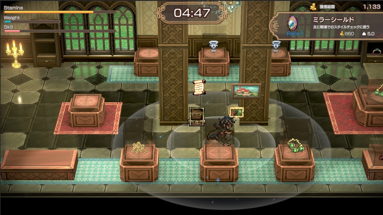 BANDIT KNIGHT: Thief sneaks through museum, avoiding detection, surrounded by display cases and treasures.