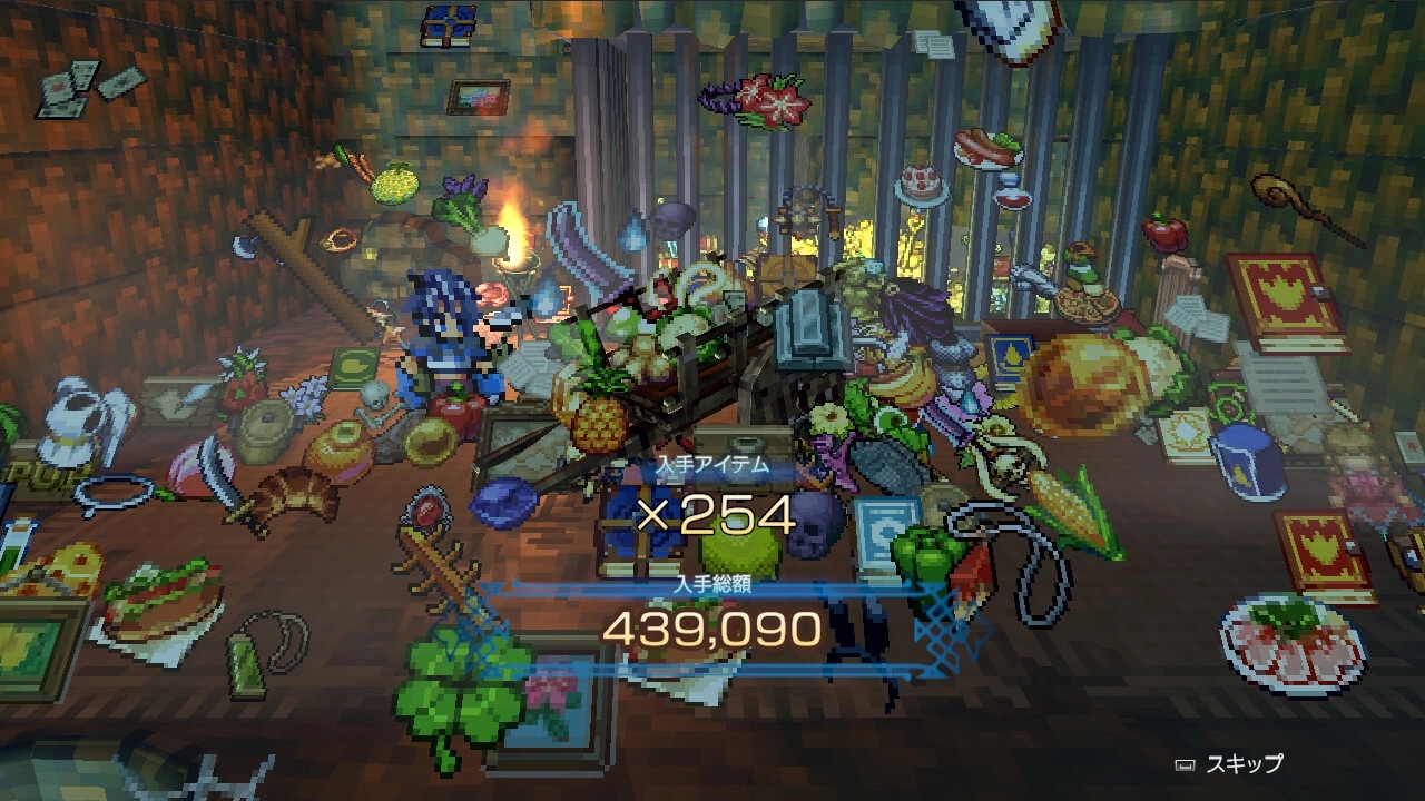 BANDIT KNIGHT: Character in treasure hoard with food, books, and valuables in a dimly lit room.