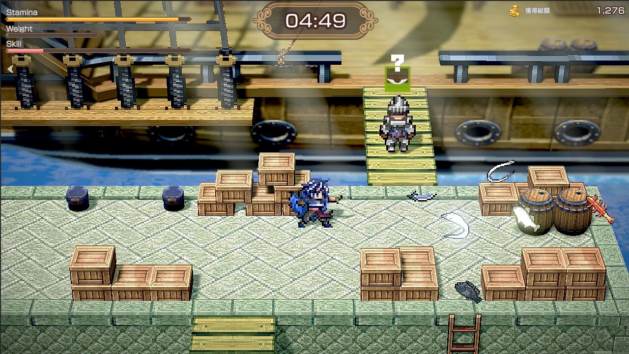 BANDIT KNIGHT: Player character sneaks on a docked ship with crates and barrels in a timer-based mission
