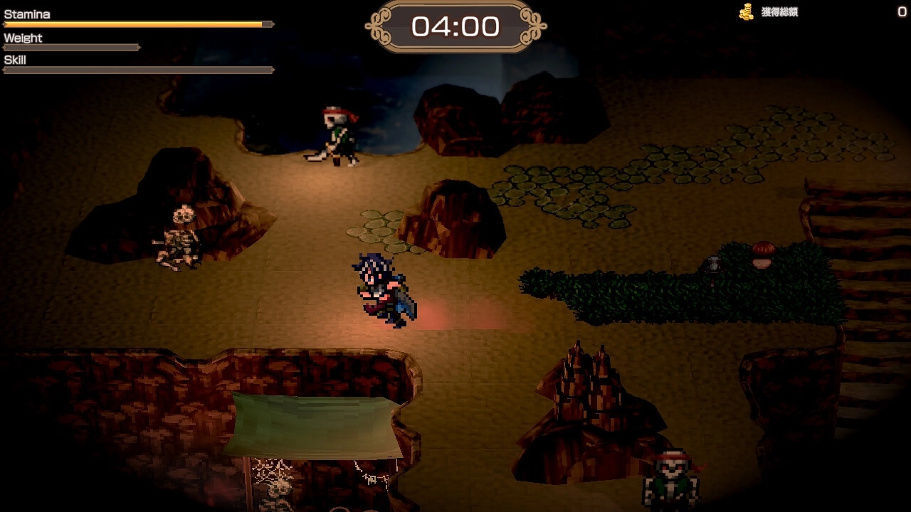 BANDIT KNIGHT: Player sneaks through a desert canyon at night, avoiding guards under a four-minute timer.