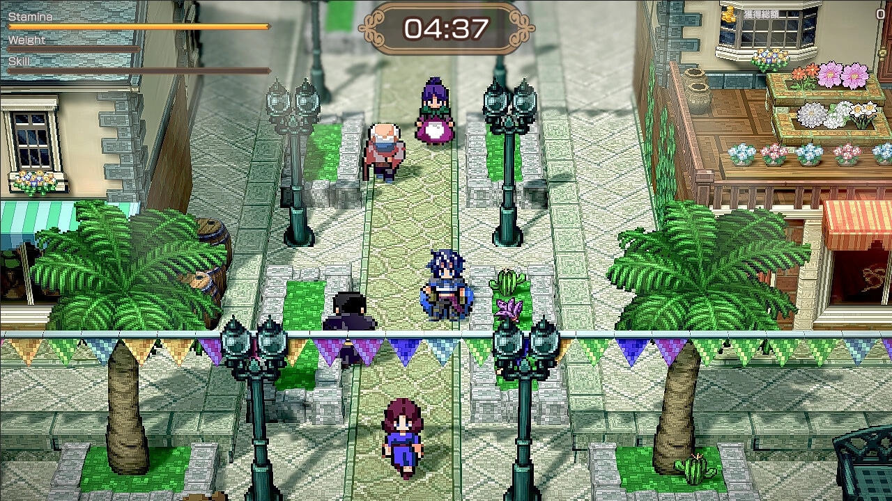 BANDIT KNIGHT: Character walks through vibrant town street, timer at top, stamina bar visible