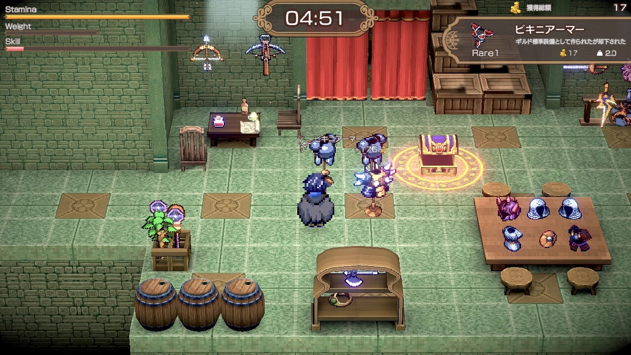 BANDIT KNIGHT: Player character in a room with a treasure chest and various items on display tables