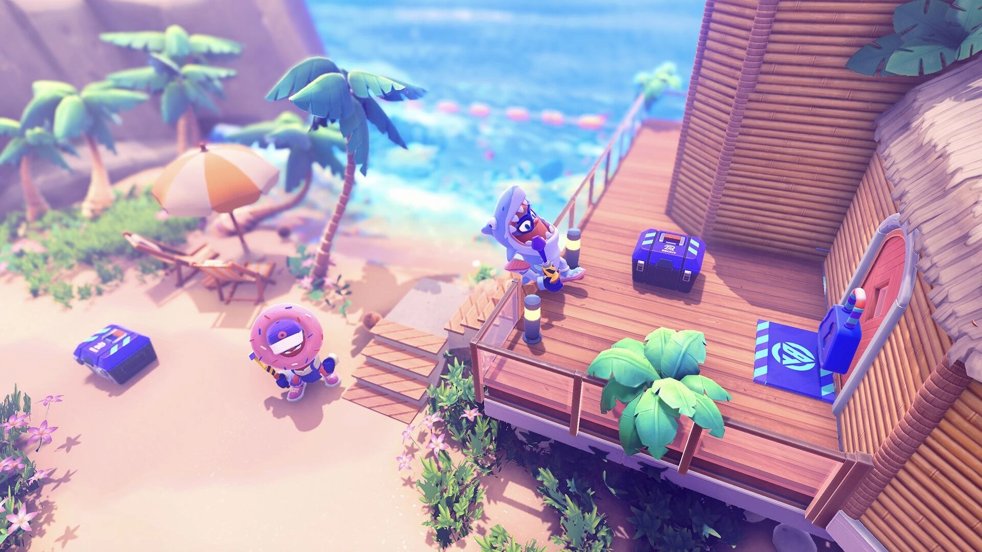 Bandit Trap: Two characters prepare traps on a sunny beach deck with palm trees and ocean view