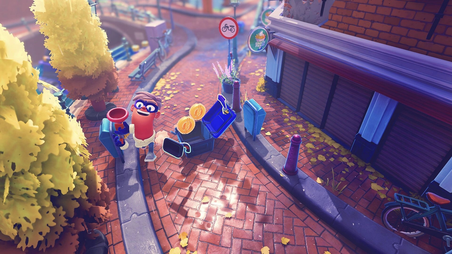 Bandit Trap: Bandit holding loot in vibrant street with autumn trees and bicycle signs visible