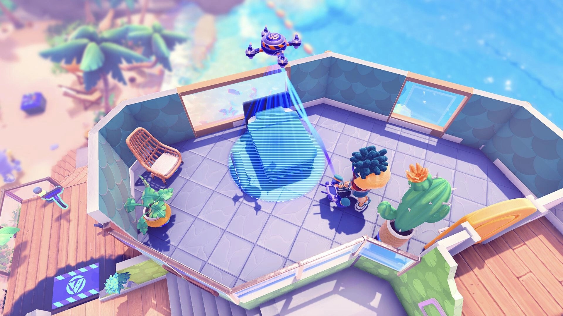Bandit Trap: Player setting up a blue holographic trap in a seaside rooftop room with plants and chairs