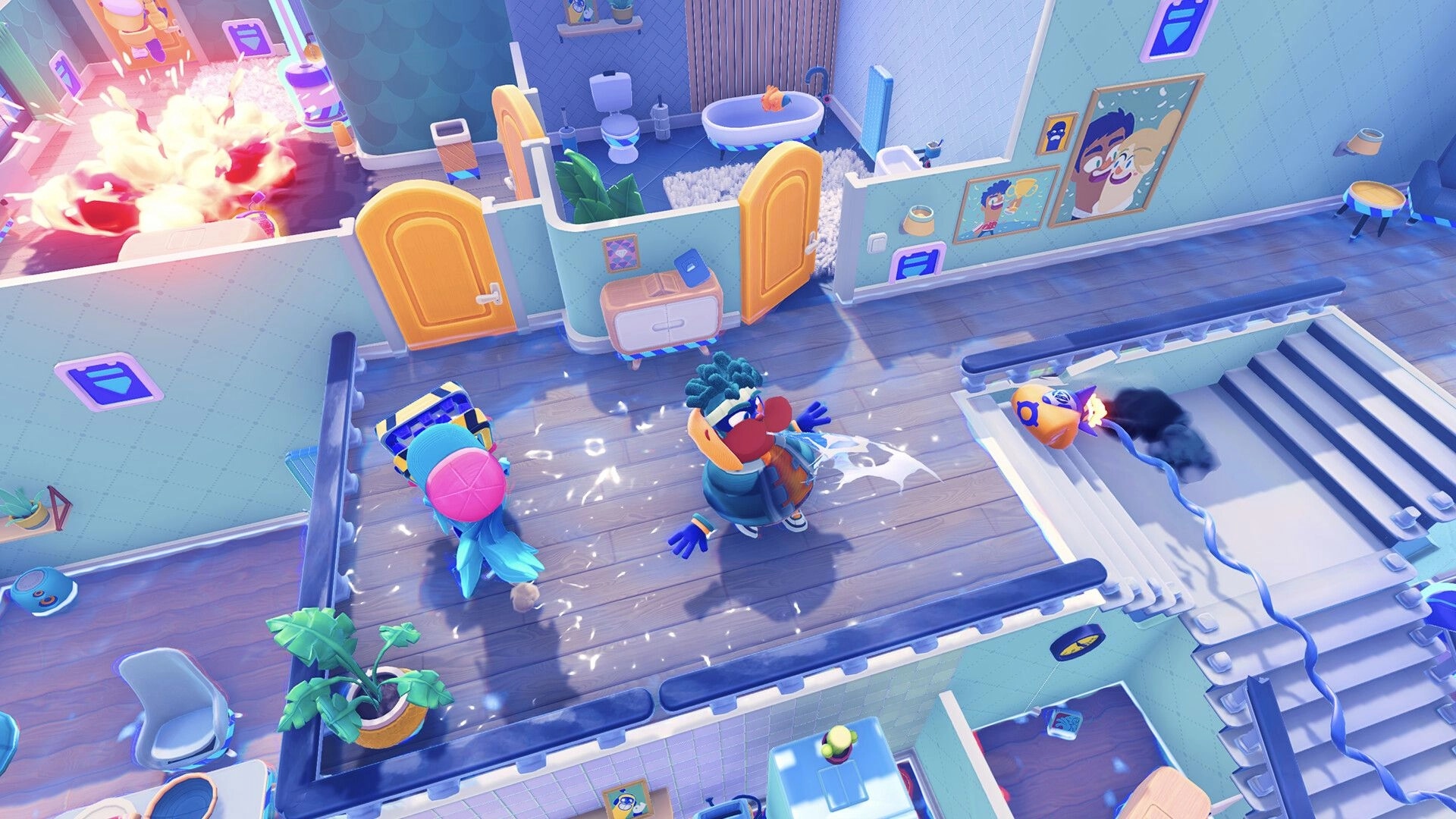 Bandit Trap: Bandits slipping on ice trap in colorful, chaotic house with explosion and cartoon decor