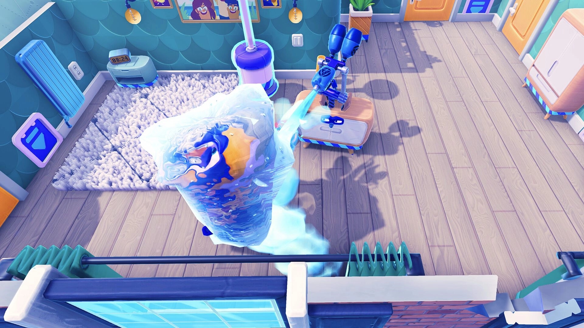 Bandit Trap: A bandit caught in ice trap by turret in a colorful room with shag rug and vibrant decor.