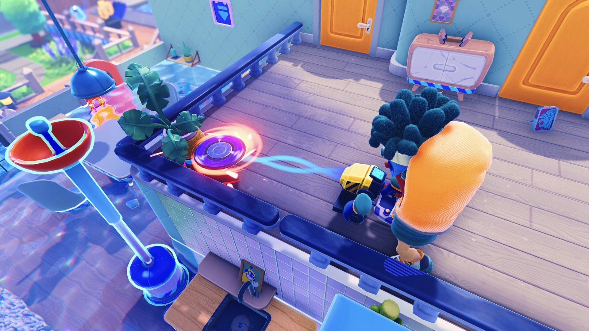 Bandit Trap: Trapper sets up a spinning trap in a colorful kitchen with a plunger and wooden floor.