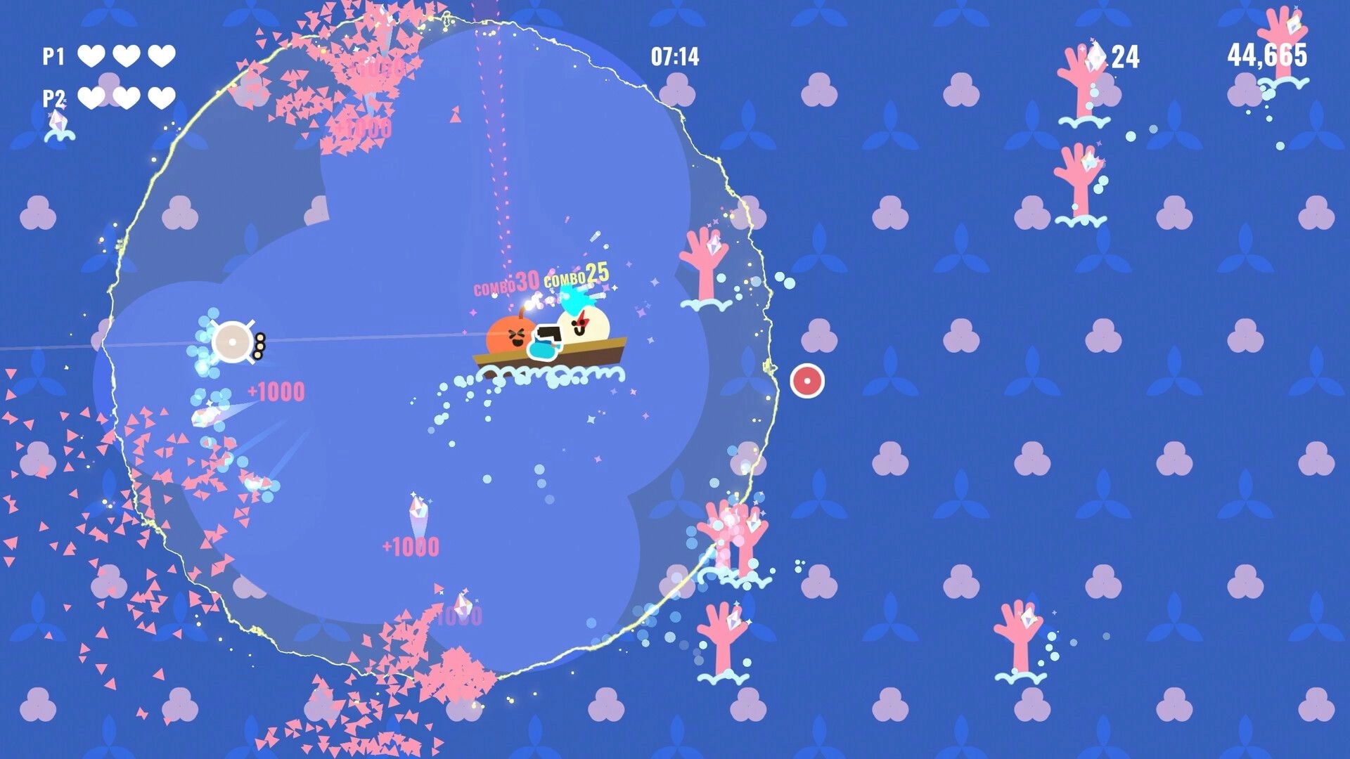 Bang Bang Barrage: Two characters on a boat shooting enemies in a colorful sea with score and combo UI