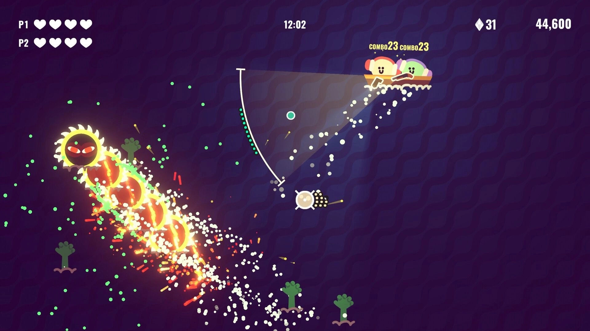 Bang Bang Barrage: Player ship dodges fiery serpent enemy while firing in open ocean battle arena
