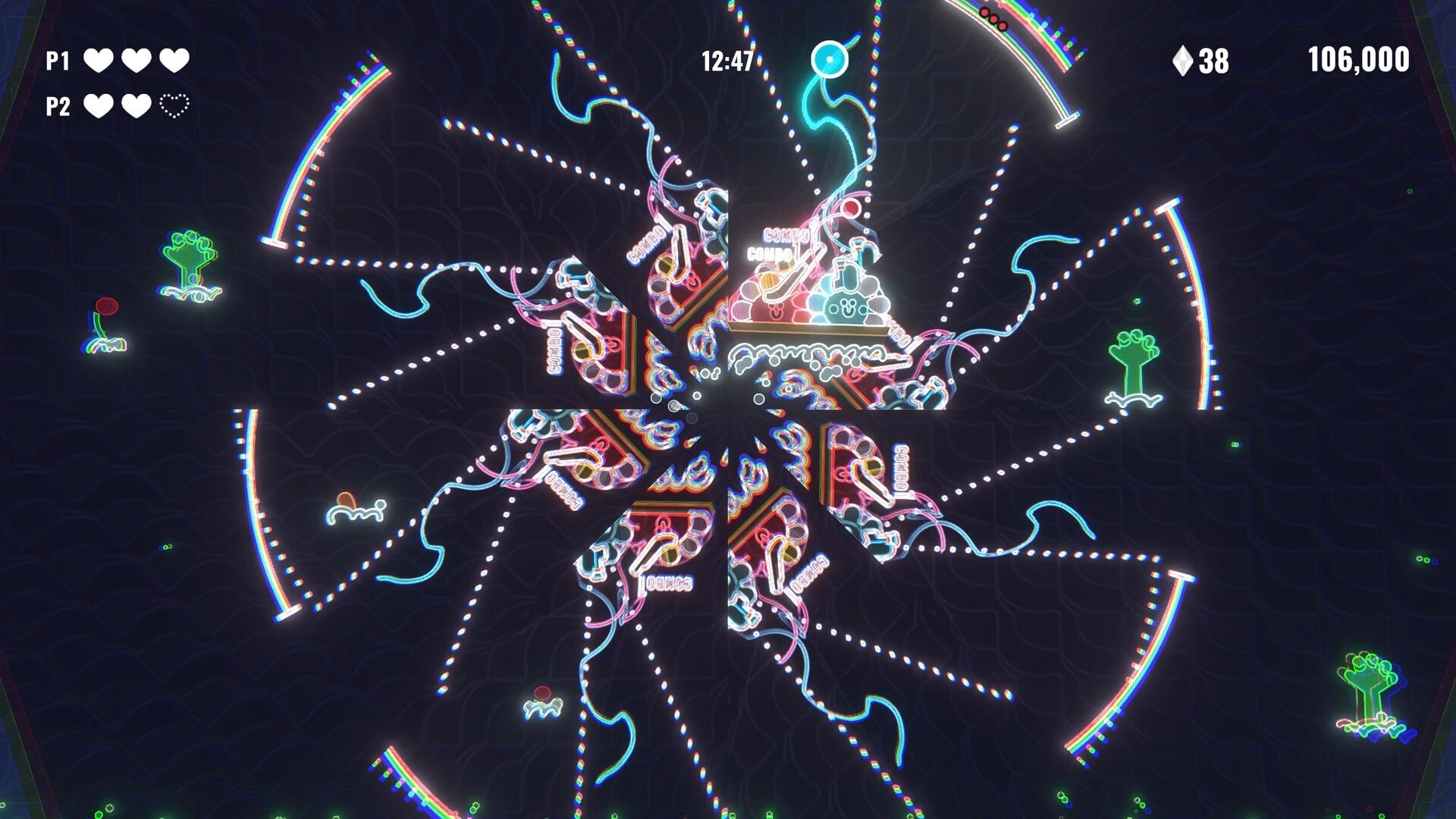 Bang Bang Barrage: Neon tentacles and enemies surround players in a circular arena with glowing icons.
