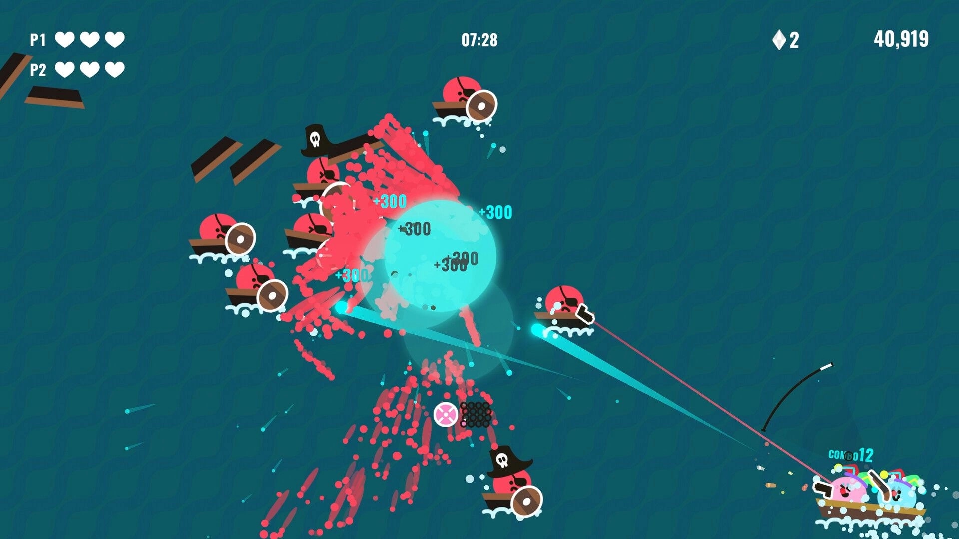 Bang Bang Barrage: Player boat firing lasers at enemy boats amidst a chaotic sea battle with score display.