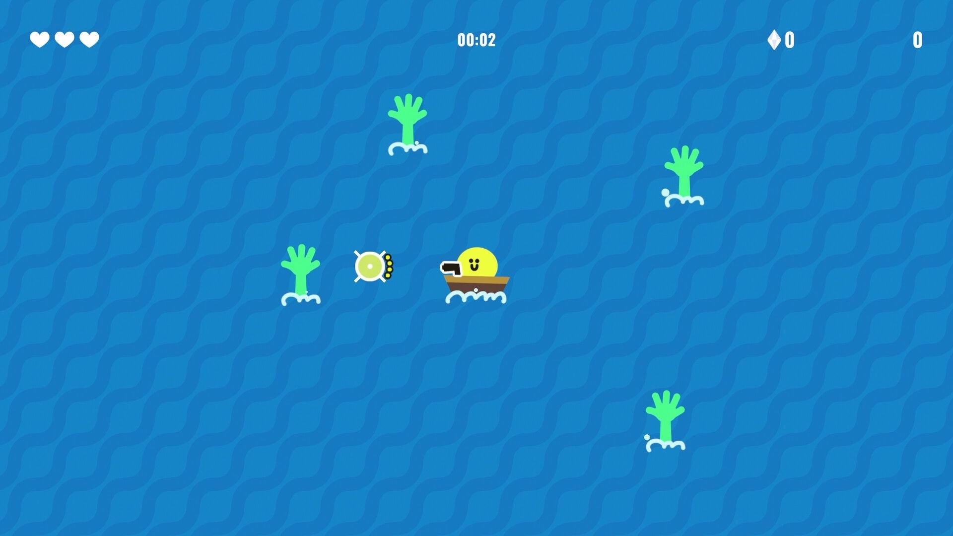 Bang Bang Barrage: Smiley character on a boat shooting at green tentacles in open sea with heart icons