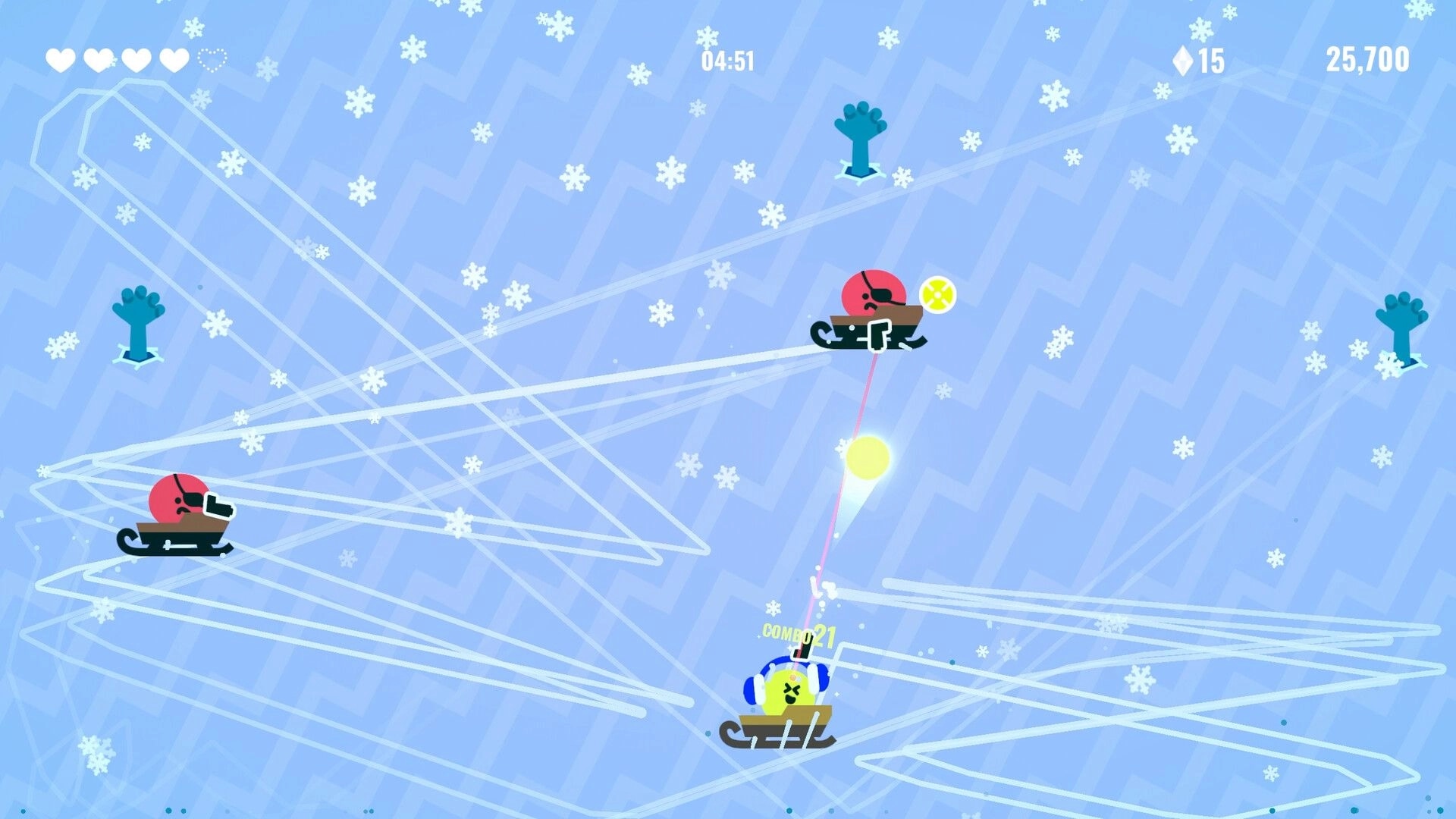 Bang Bang Barrage: Player character in combat with two foes on icy sea, snowflakes and health bar visible.