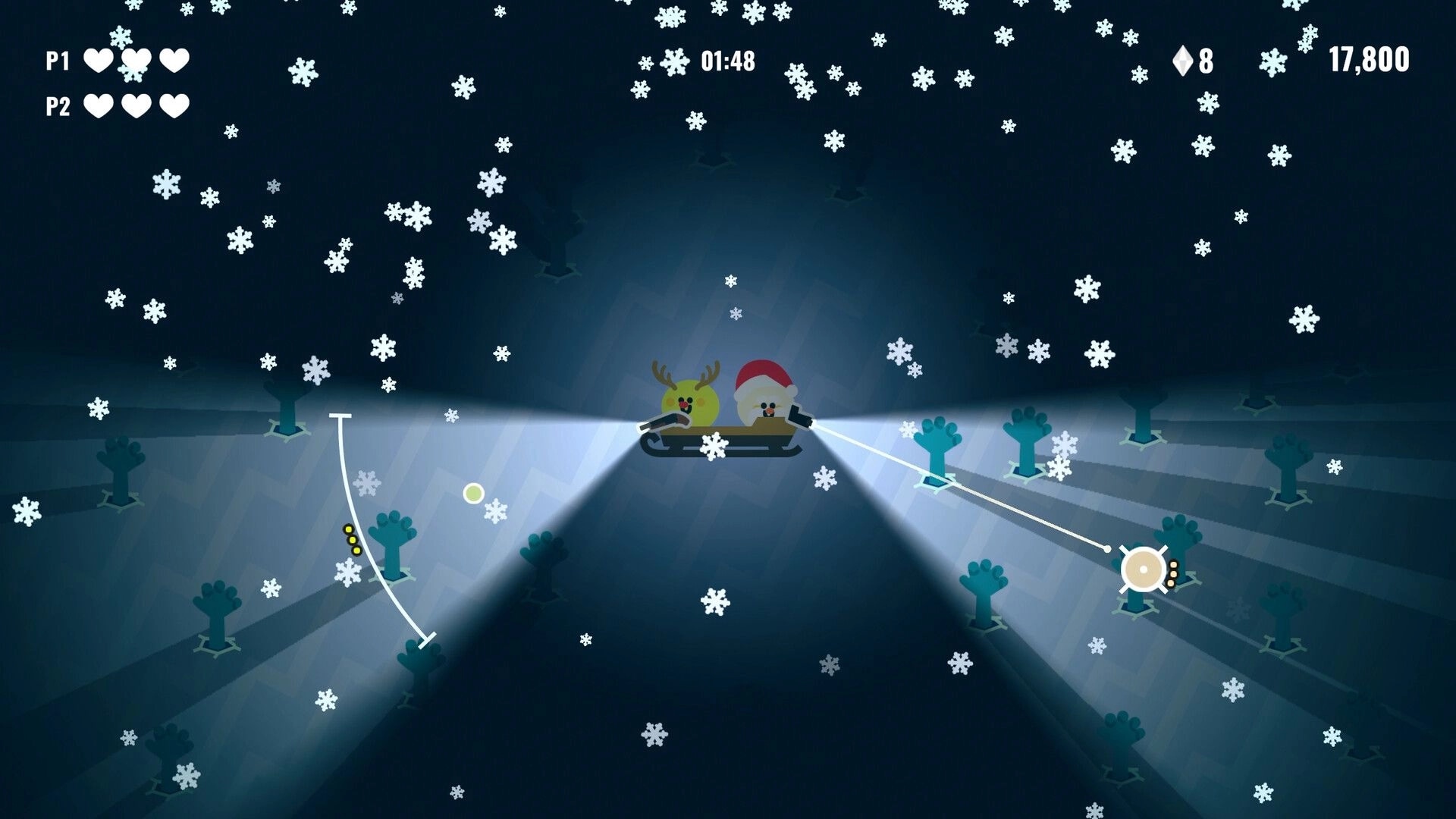 Bang Bang Barrage: Santa and reindeer blasting through snowflakes, dodging Cthulhu's minions at sea