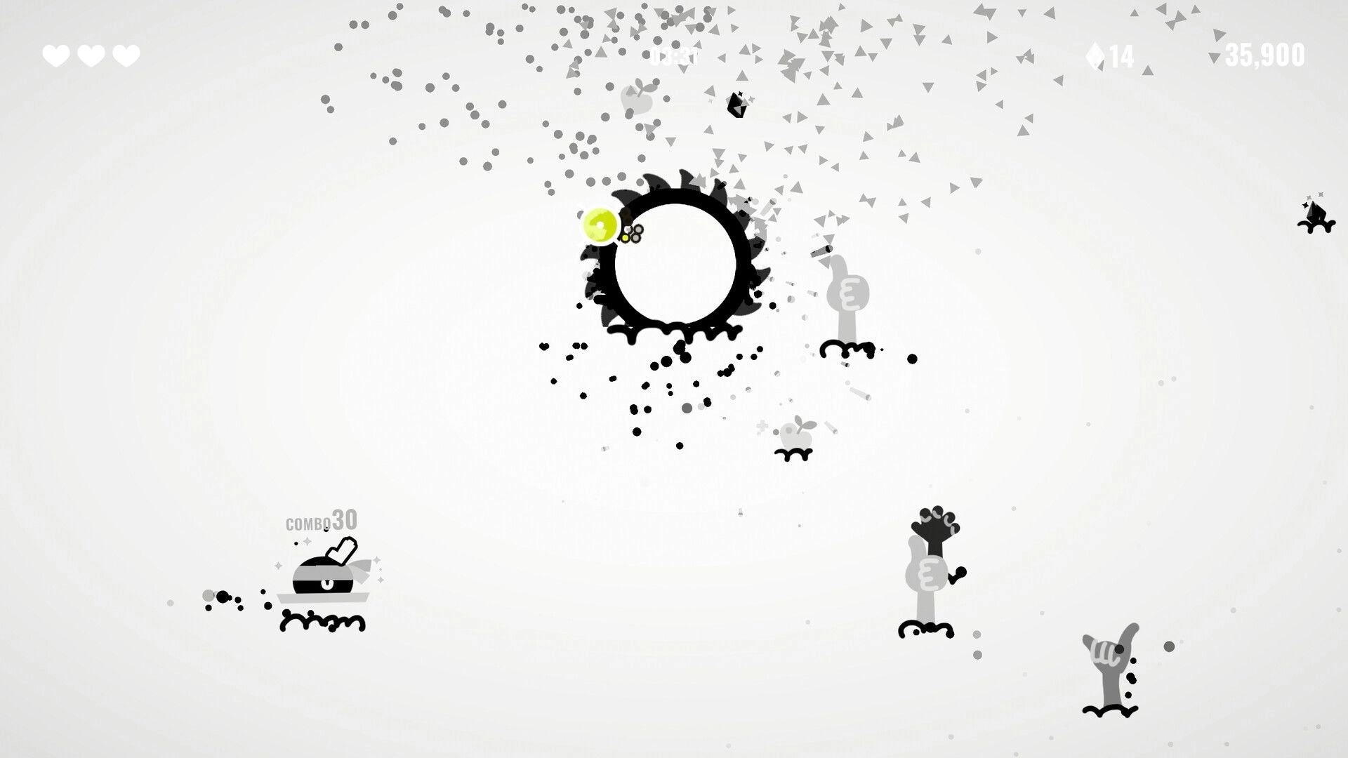 Bang Bang Barrage: Character dodging projectiles with combo score in monochrome sea-themed arena