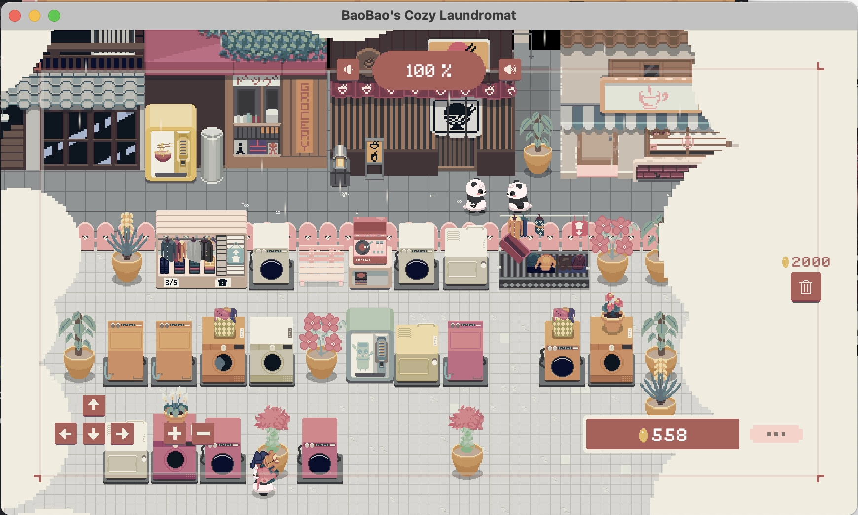 Bao Bao's Cozy Laundromat: Overhead view with pandas, washing machines, and decorative plants in use.