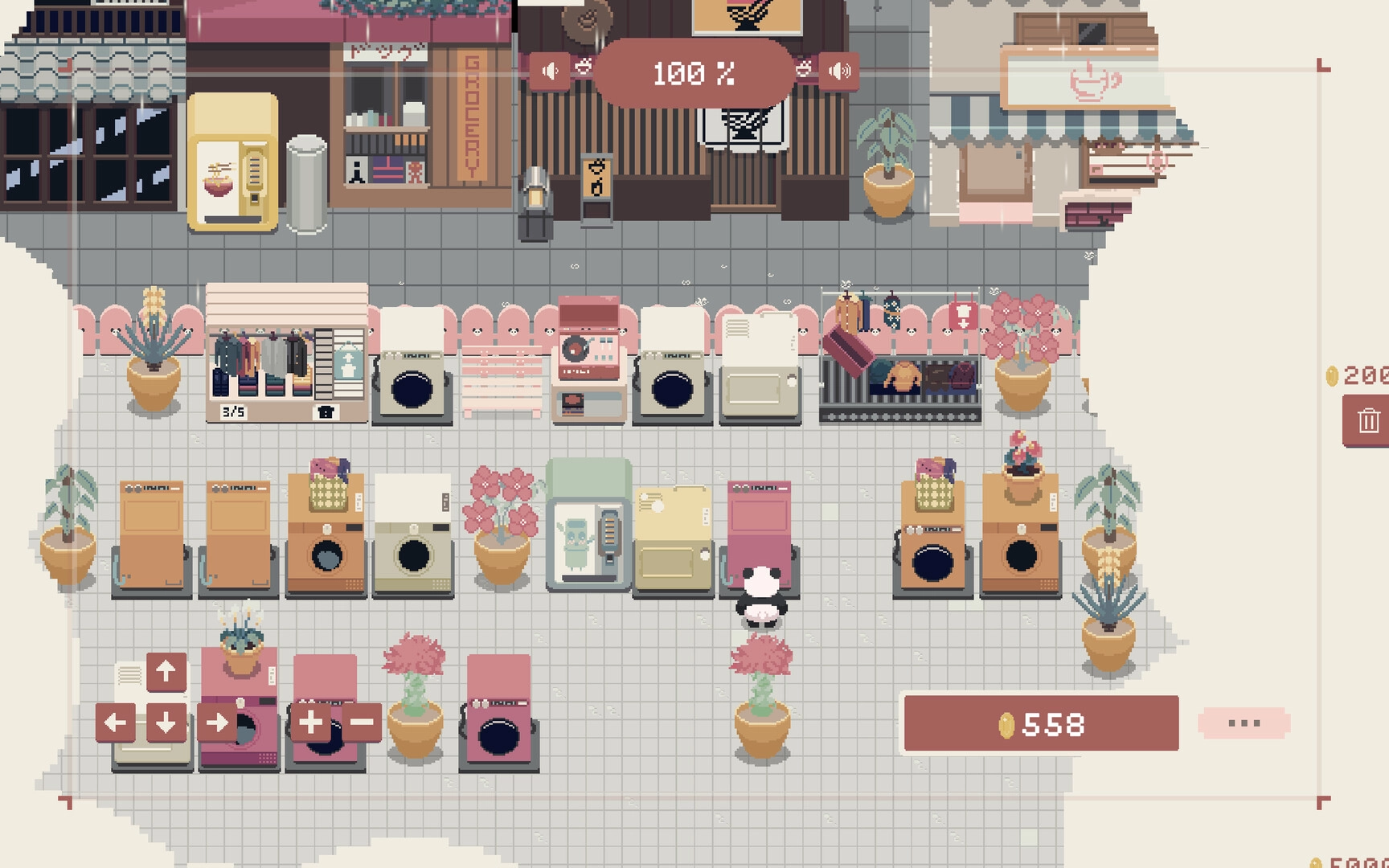 Bao Bao's Cozy Laundromat: Panda arranging washing machines with plants and decor in a bustling laundromat
