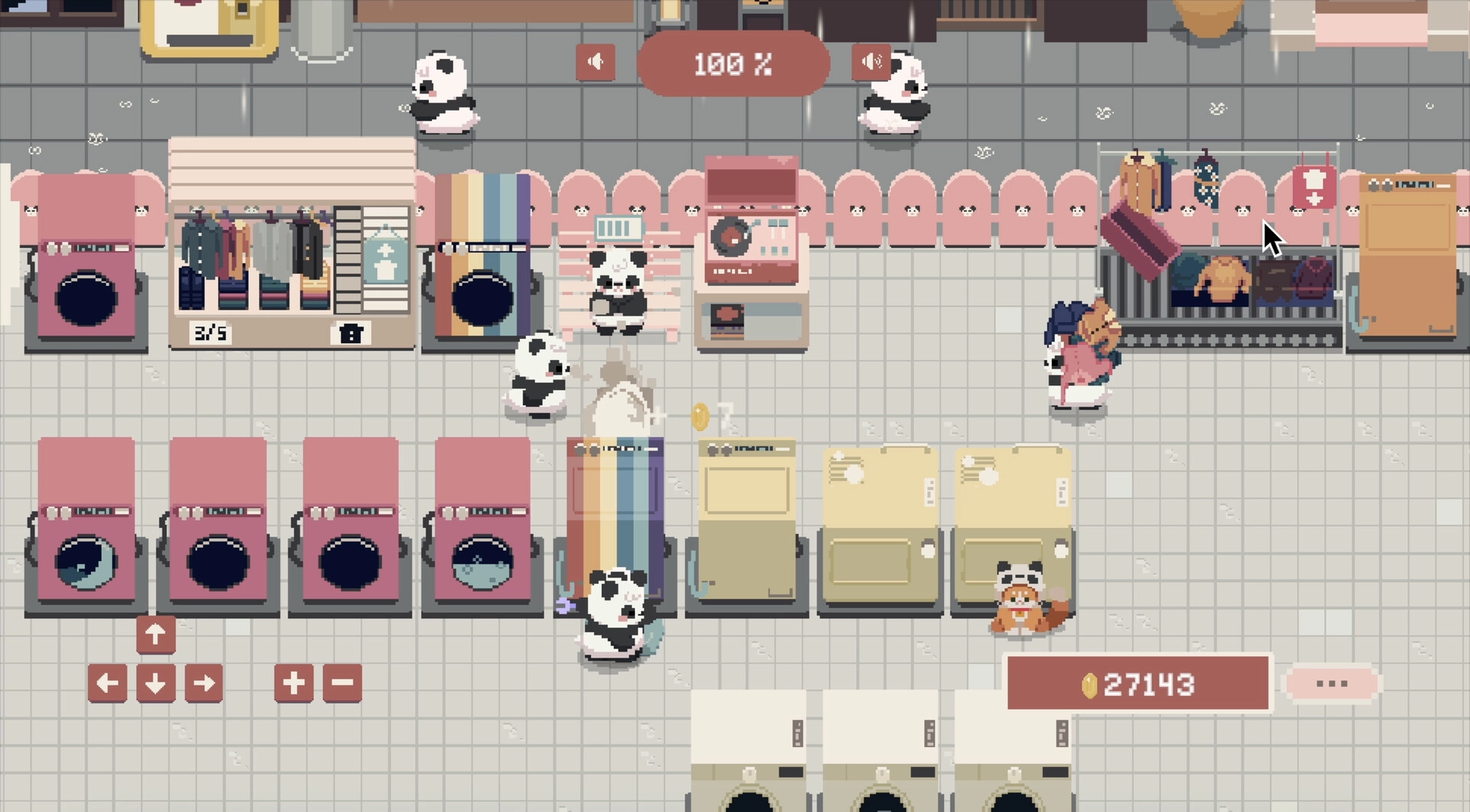 Bao Bao's Cozy Laundromat: Pandas manage colorful washers and folded clothes in a vibrant laundromat.